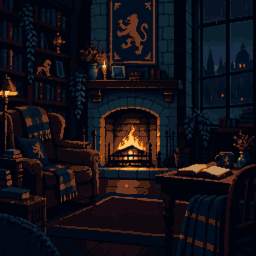 A low fire glows in a timber-lined den on a rainy night.
